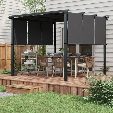 Pergola avec 3 toiles coulissantes 3L x 3l m structure métal époxy anticorrosion toile polyester gris