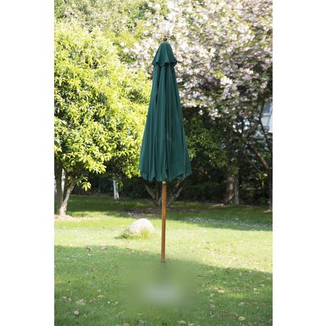 Parasol en bois massif pour jardin, teinte vert sombre, diamètre environ 2,5 mètres (1/4)