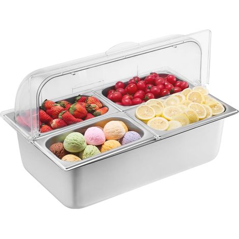 Saladette Réfrigérée à Poser avec 4 Plateaux de Service en Acier Inoxydable, Vitrine Réfrigérée Comptoir avec Couvercles Transparents et 3 Bacs à Glaçons, pour Restaurant Hôtel Cuisine Fête (1/5)