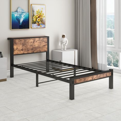 Cama de metal de 90 x 200 cm con cabecero de madera y somier de láminas metálicas, robusta y duradera, ideal para adolescentes y adultos (colchón no incluido). (1/5)