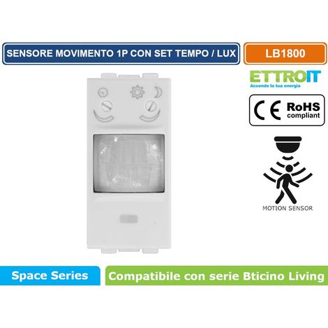 ETTROIT SENSORE DI MOVIMENTO 1 MODULO BIANCO CON REGOLAZIONE TEMPO/LUX COMPATIBILE CON SERIE BTICINO LIVING – SKU LB1800 (1/3)