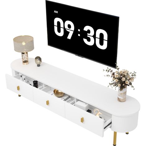 Meuble TV blanc avec 3 tiroirs, 174 cm, MDF laqué, poignées et pieds dorés, angles arrondis, rangement moderne pour salon élégant - CHICFURN (1/5)