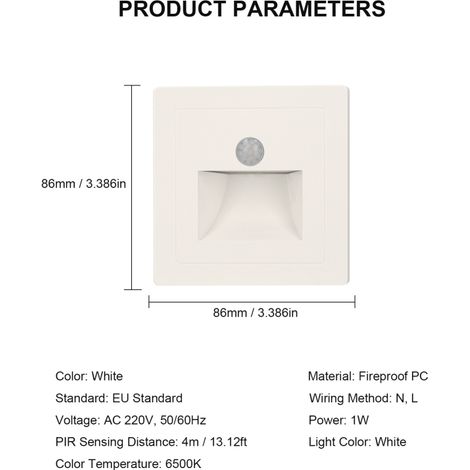 Lampe escalier détecteur mouvement PIR filaire 220V, LED 1W 6500K blanc, Portée 4m, Applique murale pour escalier couloir porche (1/5)