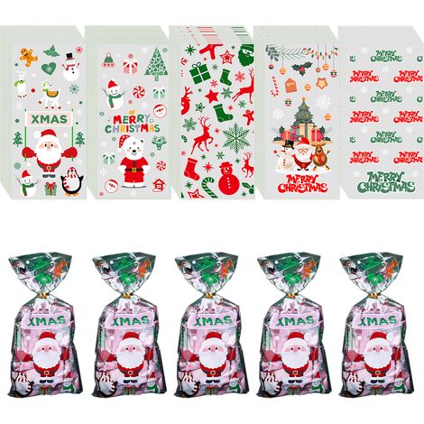 Sac Cellophane Noel - 12 5 X 27 5 Cm - Imprimé Arbre De Noel Pere Noel Flocon De Neige Boule De Noel - 50 Pièces Avec 60 Liens Torsadés (1/5)