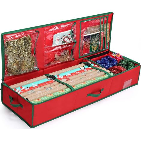 Sac de rangement de Noël pour rouleaux de papier cadeau, rubans et nœuds, 103 x 36 x 15,4 cm, en PE imperméable et résistant, rouge. (1/5)