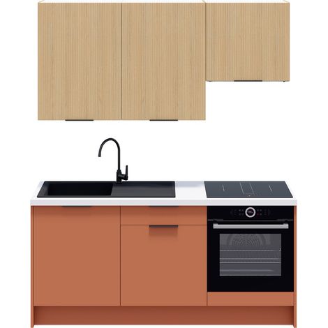 Ensemble de 6 meubles de cuisine - L. 185 cm - terracotta et chêne clair cannelé - Luzia Mix (1/5)