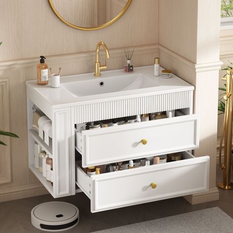 Meuble vasque mural 76x46x55 cm, meuble salle de bain avec LED, porte en verre cannelé, tiroirs et étagères réglables, MDF, Blanc (1/5)