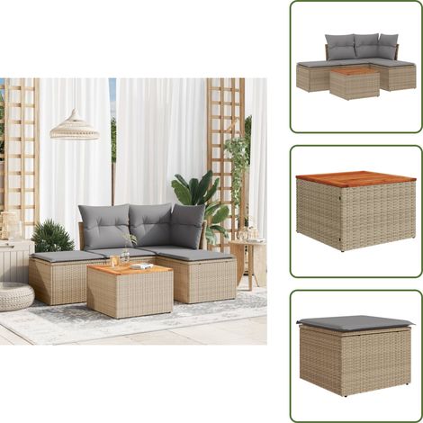 5-tlg. Garten-Sofagarnitur mit Kissen Beige Poly Rattan - Gartenmöbel - Esszimmergarnituren - Outdoor Möbel - Lounge Set - Rattan Gartenmöbel (1/5)