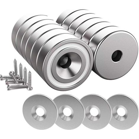 Aougo – Lot de 12 aimants en néodyme 10 kg – Dimensions 20 x 7 mm avec trou et capsule – 12 coussins en acier inclus – Vis M4 fournies (1/5)