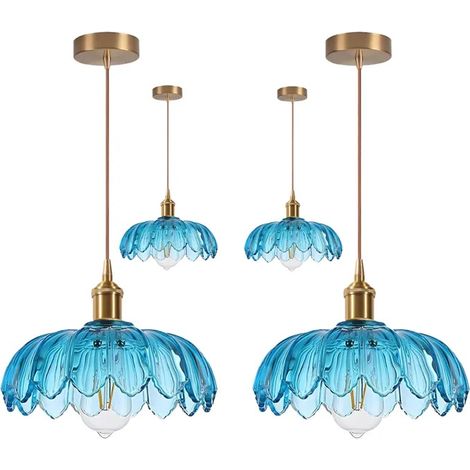4x Lustre Moderne,Lampe de Plafond Vintage Abat-jour en Verre Design Fleurs Bleu E27 Suspension Luminaire Style Nordique,25cm (1/5)