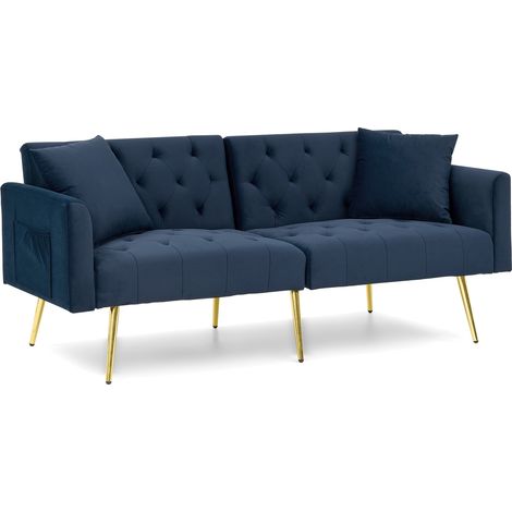 Canapé 2 places en velours beige avec dossier inclinable 3 positions et pieds métalliques dorés (1/5)