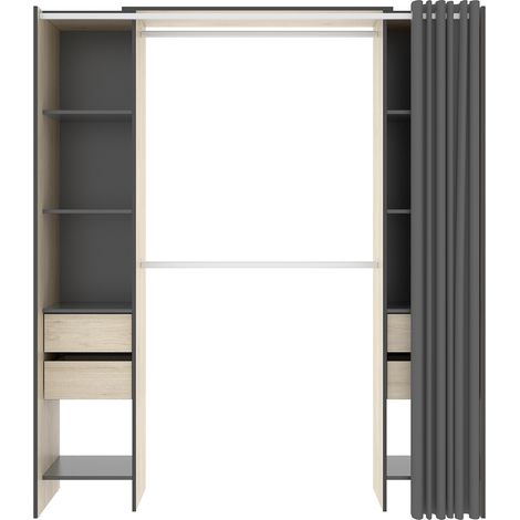 Armoire dressing avec 4 tiroirs, penderies coloris chêne naturel + rideau - Longueur 180 x Profondeur 50 x Hauteur 205 cm (1/5)