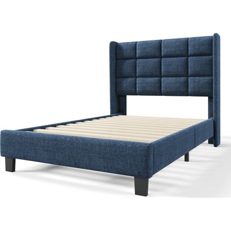 Cama individual capitoné azul 90 x 200 cm con somier de láminas (1/5)
