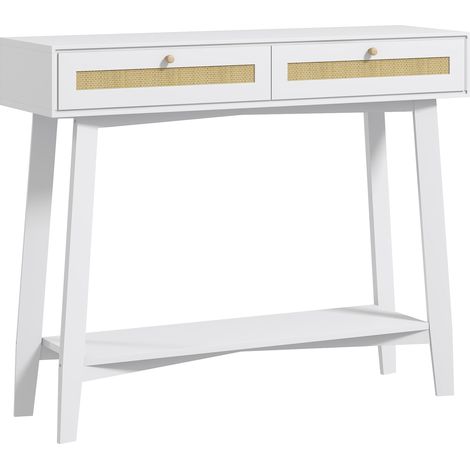 Table d’entrée console dans le couloir avec 2 tiroirs en rotin et étagère ouverte pour couloir 100 x 30 x 81 cm blanc