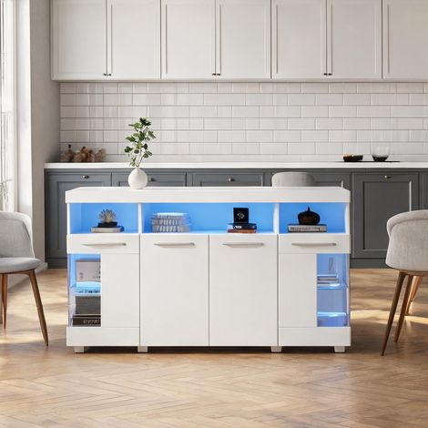Meuble étagère 140 cm blanc avec éclairage LED et portes en verre (1/5)