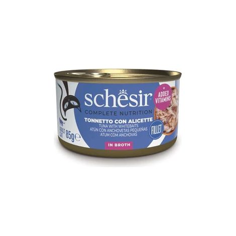 Schesir Atun ccon Anchovetas al Natural - Comida Humeda Completa para Gatos - 85 g