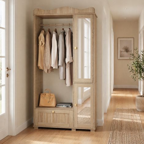 DESMIU Armoire ouverte avec miroir, penderie, 2 portes et 1 tiroir, rangement à 3 niveaux, en MDF chêne (1/5)