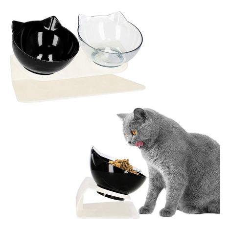 Comedero Doble con Soporte para Perros y Gatos, Transparente y Negro