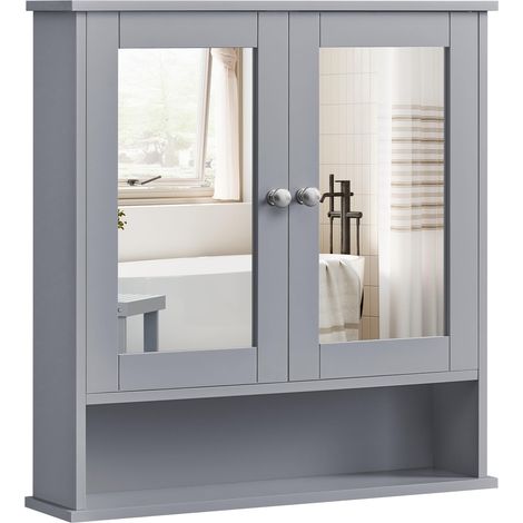 Armoire Murale, Meuble Salle de Bain, Placard de Rangement, Armoire Suspendue, 2 Portes-Miroir et Compartiment Ouvert, Étagère Réglable, 13 x 56,5 x 58,5 cm, Gris Tourterelle (1/5)