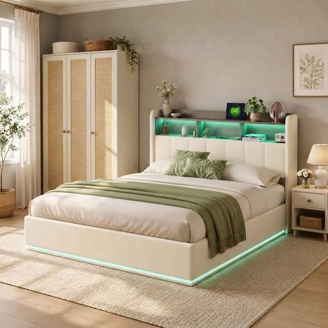 Lit coffre 160x200 cm avec sommier, lit double en velours blanc avec rangement hydraulique, tête de lit avec rangement, LED et USB, lit bas pour chambre adulte (1/5)