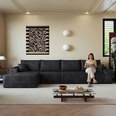 Canapé Modulable 270x175cm Velours Côtelé Noir - Canapé d'angle - 4 Places, Sans Montage, Assise Profonde Confortable (1/5)