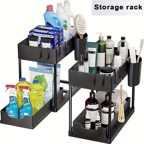 Lot de 2 organisateurs sous évier – Tiroir coulissant pour accès facile – Rangement cuisine et salle de bain – Noir – 8 crochets inclus