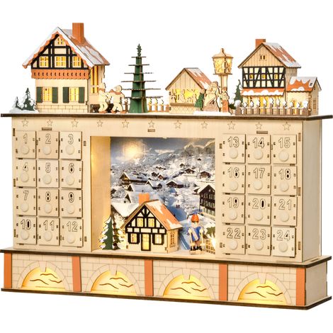 Calendrier de l'Avent en Bois 24 Tiroirs, Décoration Village de Noël avec Lumière, 44x10x37cm