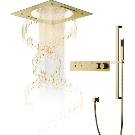 Columna Ducha, Sistema de Ducha Termostática con Música LED 64 Colores, Conjunto de Ducha con Cabezal de Ducha Lluvia de 550 x 550 mm, Ducha de Mano, Juego de Ducha Oro (1/5)
