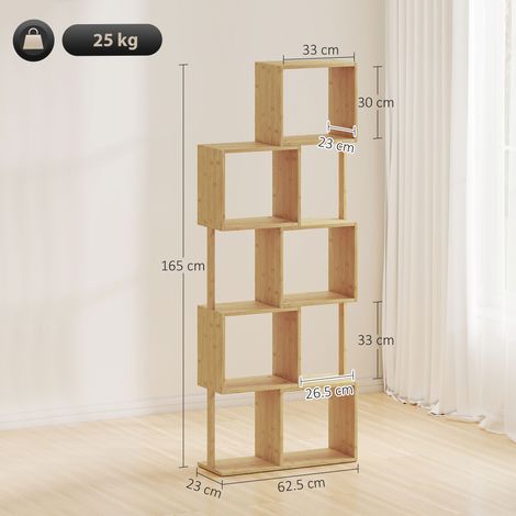 Bibliothèque asymétrique moderne en bambou à 5 niveaux, 62,5 x 23 x 165 cm, bois naturel. (1/5)