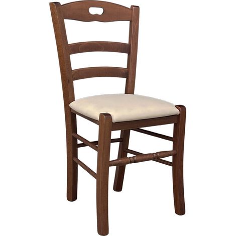 Sedia in legno Loris noce scuro con seduta imbottita in similpelle beige (1/4)