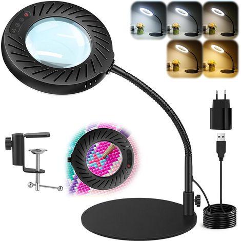 12X Lampe Loupe avec Lumière et Support, 2A Adaptateur inclus, 5 Couleur 9 Luminosité, Loupe Lampe à 144 Led avec Pince et Bras pour Couture Lecture Bricolage Creation de Bijoux, Noire (1/5)