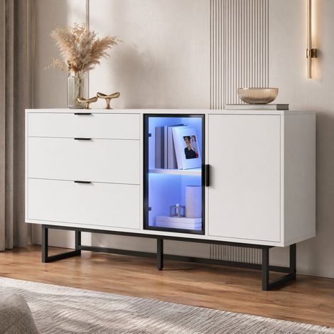 CHICFURN Credenza vetrina 160x36x78 cm bianca con LED e 3 cassetti (1/5)