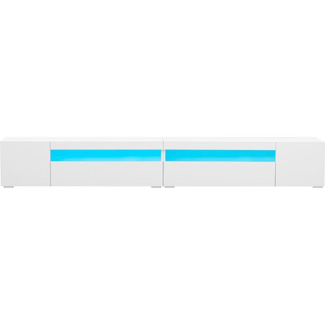 Meuble TV Blanc XXL 240 cm avec Éclairage LED Multicolore, Niches Ouvertes, Portes Battantes et Abattantes, Console TV pour Salon Moderne Grand Format (Satiné) (1/5)