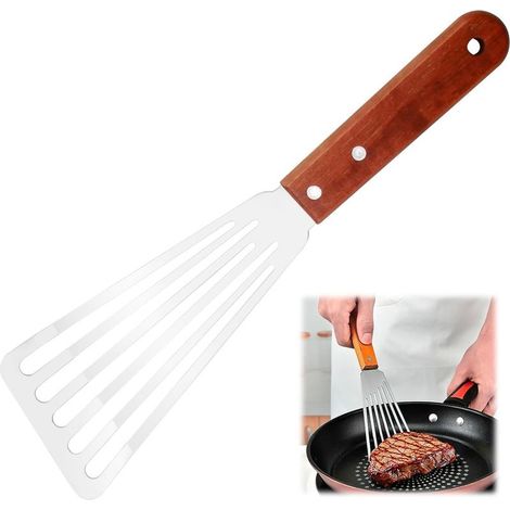 Stainless steel slotted spatula with beveled edges for easy flipping of fish, eggs, pancakes and more, heat-resistant solid wood handle (1/5)