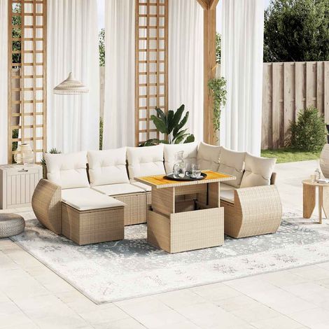 Salon de Jardin 8 Places en Résine Tressée Beige avec Coussins - Table Réglable et Mobilier Modulaire pour Terrasse (1/3)