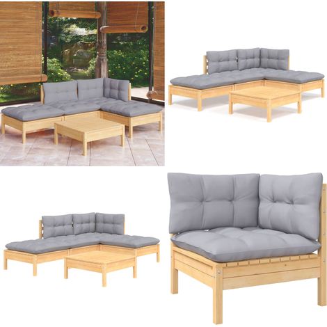 5-tlg. Garten-Lounge-Set mit Grauen Kissen Kiefernholz - Garten Lounge Set - Kiefernholz Möbel - Outdoor Furniture - Loungesessel - Gartengeräte - Home & Living