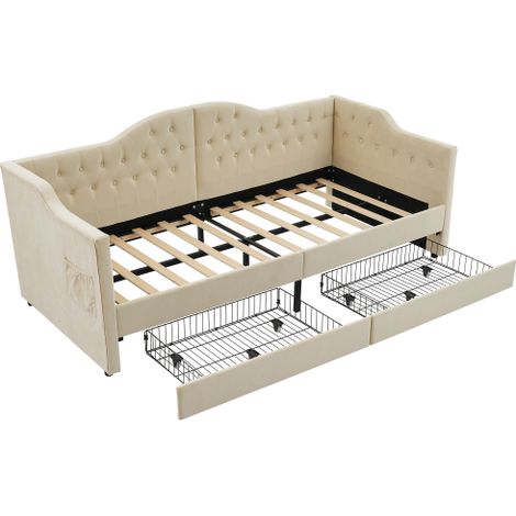 Lit rembourré,méridienne,canapé-lit,lits coffre,cadre de lit avec fonction de charge USB Type C et 2 tiroirs,90x200cm velours en velours beige (sans matelas) (1/5)