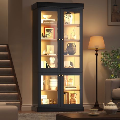 Vitrine haute LED 80x40x180cm,portes vitrées, étagères intérieures effet bois,MDF et verre,noir (1/5)