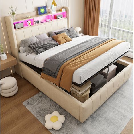 Bett 140x200 cm gepolstert in Beige, mit LED-Kopfteil, Ablagen, USB/Type-C und hydraulischem Bettkasten (1/5)