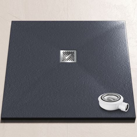 doporro Duschwanne Duschtasse 100x100x3cm aus Mineralguss in Anthrazit Quadratisch DIN-Anschlüsse für bodenebene Montage geeignet inkl. Ablaufgarnitur AL006 Geoma 09