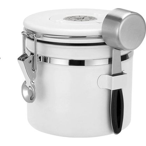 Bote hermético para café，1,2 L，Lata hermética para café + cuchara，Tarro de almacenamiento，Contenedor para granos de café，Blanco (1/5)