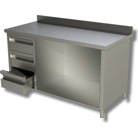 Table sur armoire ouverte avec 1 etagere et 3 tiroirs a gauche et dosseret Gamme 600 - Ristopro