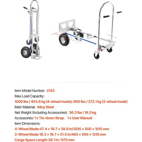 Chariot à main, mode à 4 roues, poignée antidérapante, 1000lbs (1/2)