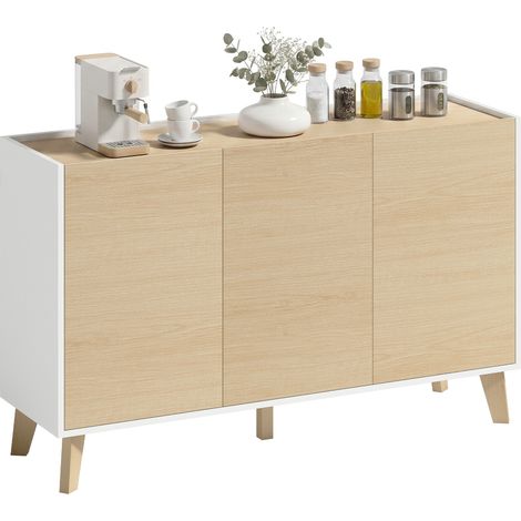 Credenza da cucina, mobile contenitore in stile nordico, 3 ante con chiusura ammortizzata, 6 scomparti, legno naturale e bianco
