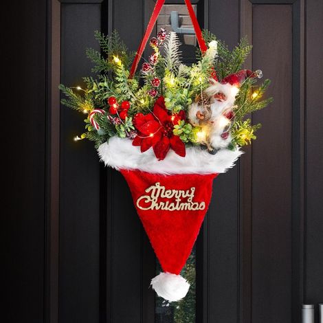 Couronne de Noël artificielle de 56 cm (22 pouces) décorée avec le Père Noël et des pommes de pin, ornement de Noël lumineux.