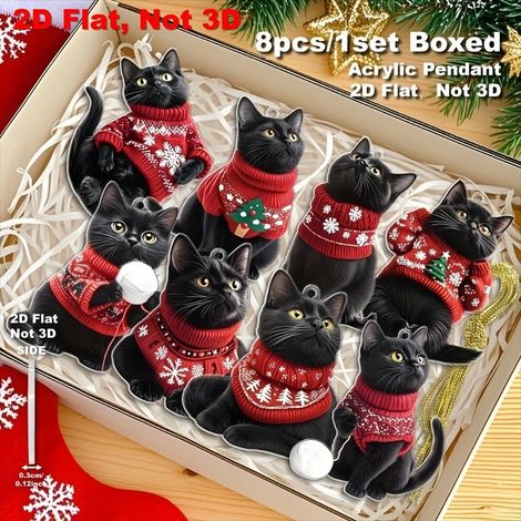 Guirlande Chat Noir - Décoration Arbre De Noël Et Rétroviseur Automobile - Figurine Féline Rouge Et Noire - Lot De 8 (1/5)
