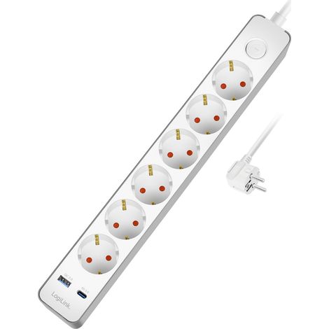 Regleta de 6 enchufes + USB-A/USB-C PD 20 W, interruptor, 1,4 m, color blanco