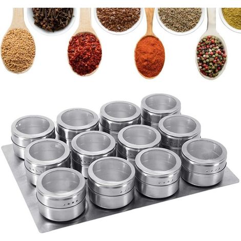 Ensemble de 12 pots à épices magnétiques en acier inoxydable, pots à épices ronds, pots à épices, pots à épices, dessus transparent pour épices de cuisine (1/5)