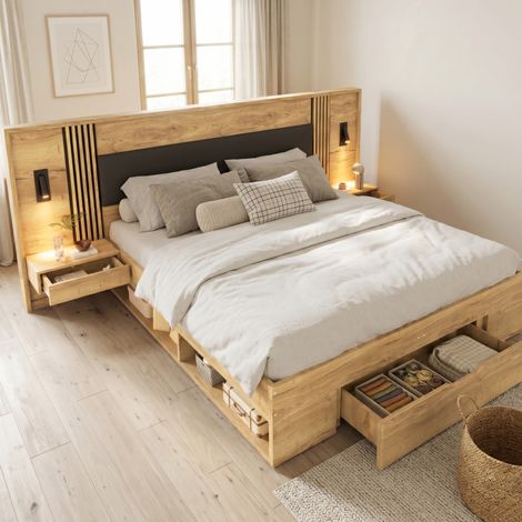 Lit double moderne MDF coloris naturel 160x200/180x200 cm avec tête de lit rembourrée, éclairage orientable et rangements (1/5)