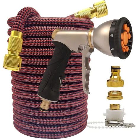 Tuyau d'arrosage haute pression extensible et flexible à rayures rouges et noires (30 m) pour jardin, ferme et lavage de voiture. Enrouleur en PVC avec pistolet.